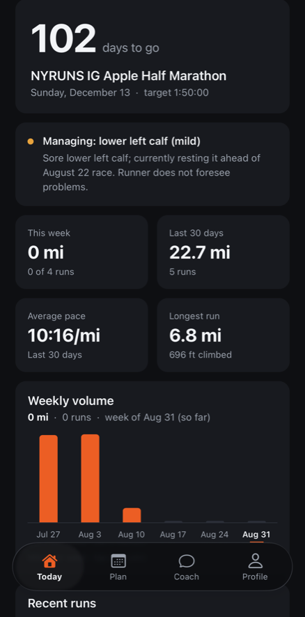 AI Running Coach, today view